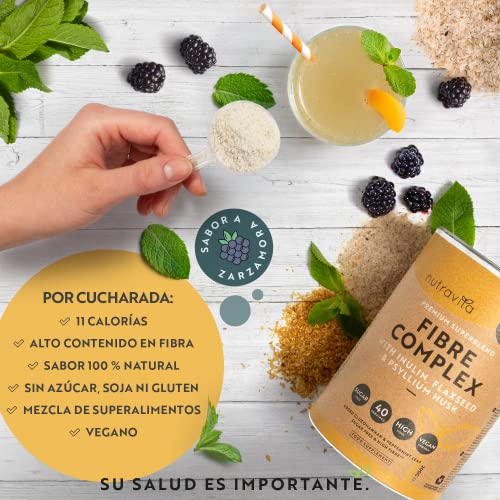 Fibra en polvo - Sabor a mora - Suplemento vegano con inulina, linaza y cáscara de psyllium - Alto contenido de fibra dietética soluble para apoyar el ritmo diario y la salud intestinal