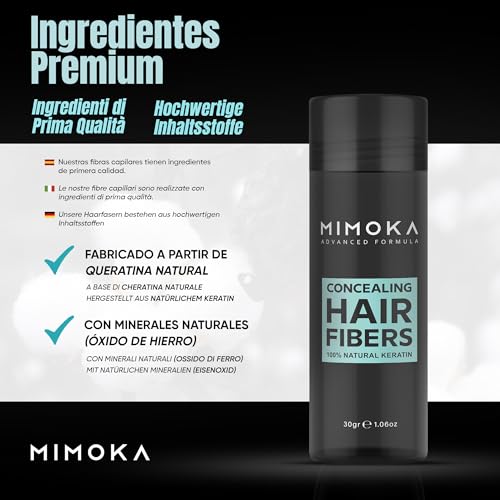 FIBRAS CAPILARES MIMOKA - Disimula la Calvicie al Instante - Microfibras Imperceptibles 100% Naturales- Para Pelo y Barba - Dosificador en Polvo Pelo Hombre y Mujer - Castaño Claro- 30 gr