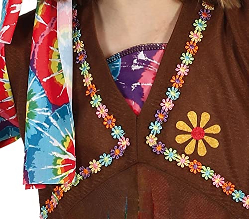 FIESTAS GUIRCA Disfraz de Niña Happy Hippie - Atuendo Infantil Años 70 con Cinta Cabeza Hippie, Camiseta Multicolor de Tie-Dye, Chaleco y Pantalón para Niñas de 7-9 Años