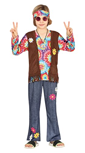 FIESTAS GUIRCA Disfraz de Niño Hippie - Atuendo Infantil Años 70 con Cinta Cabeza Hippie, Camiseta Multicolor de Tie-Dye, Chaleco y Pantalón para Niños de 7-9 Años