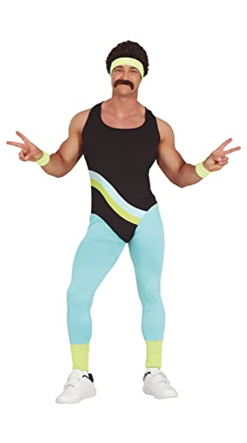 FIESTAS GUIRCA Disfraz de Traje Gimnasta Años 80 - Mono Multicolor Instructor de Gimnasia para Hombre Adulto Talla M 48-50