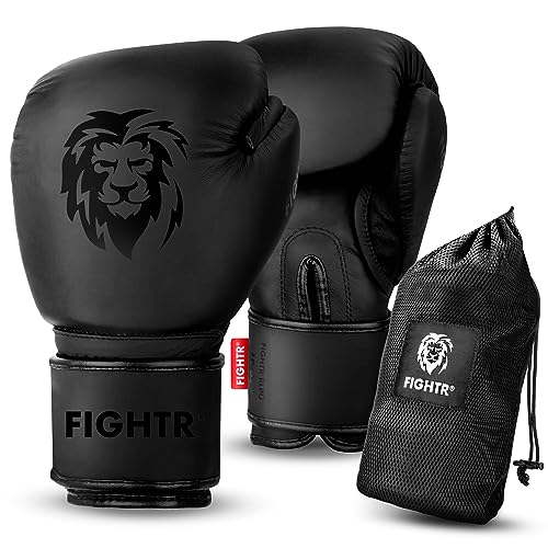 FIGHTR® Guantes de Boxeo de Piel auténtica para Hombres y Mujeres, para Boxeo, MMA, Muay Thai, Kickboxing y Artes Marciales, 10, 12, 14, 16 oz, Incluye Bolsa de Transporte