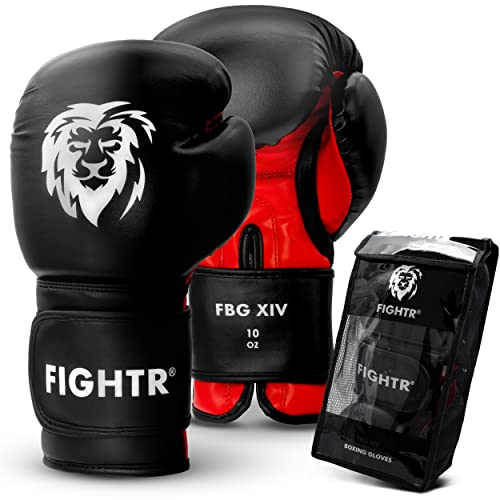 FIGHTR Guantes de Boxeo, Ideales para Estabilidad y Fuerza de Impacto, Guantes de Boxeo para Boxeo, MMA, Muay Thai, Kickboxing y Artes Marciales, Incluye Bolsa de Transporte (Negro/Rojo, 08 oz)