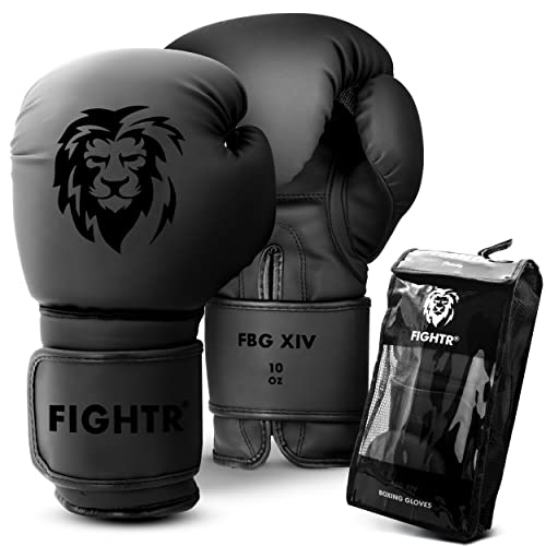 FIGHTR Guantes de Boxeo, Ideales para Estabilidad y Fuerza de Impacto, Guantes para Boxeo, MMA, Muay Thai, Kickboxing y Artes Marciales, Incluye Bolsa de Transporte (All Black, 16 oz)