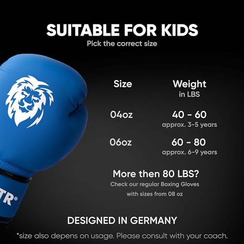 FIGHTR® Guantes de boxeo para niños con el mejor ajuste para la máxima protección, para boxeo, MMA, Muay Thai, kickboxing y artes marciales de 04 06 oz, incluye bolsa de transporte (azul, 06 oz)