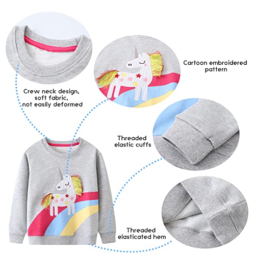 FILOWA Sudadera Niñas sin Capucha Caballo Unicornio Arcoíris Dibujos Camiseta Manga Larga Algodon Cuello Redondo Casual Top Jersey para Infantil Niña 6-7 años,Gris