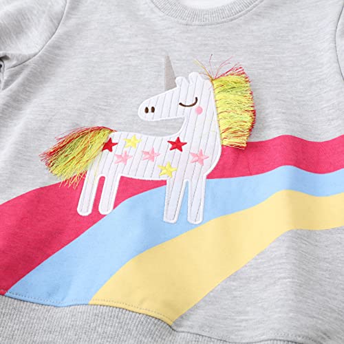 FILOWA Sudadera Niñas sin Capucha Caballo Unicornio Arcoíris Dibujos Camiseta Manga Larga Algodon Cuello Redondo Casual Top Jersey para Infantil Niña 6-7 años,Gris