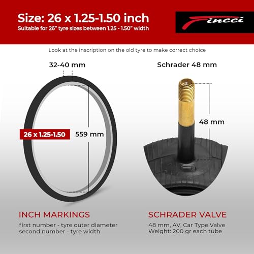 Fincci Par 26 x 1,25 1,50 Pulgadas 48mm Cámaras de Aire Schrader Válvula Interior para Carretera MTB Montaña Hibrida Bici Bicicleta (Paquete de 2)