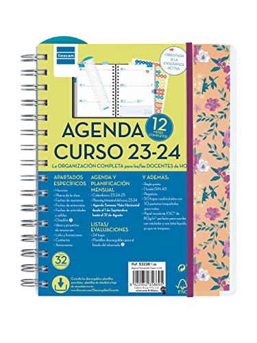 Finocam - Agenda Docente Magistral 2023 2024 Semana Vista Horizontal Septiembre 2023 - Agosto 2024 (12 meses) Personalizable Flowers Español