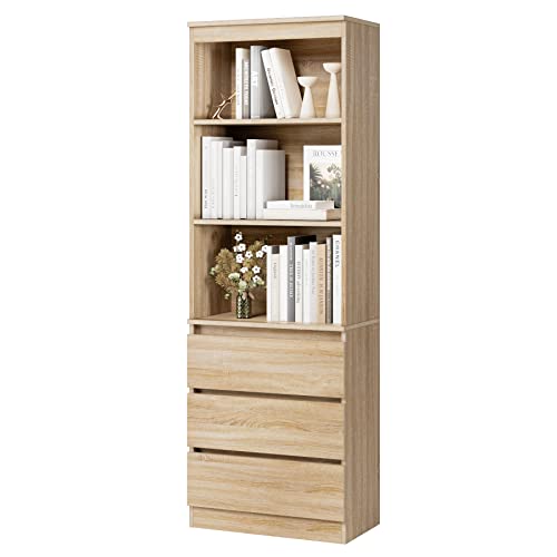 FirFurd 180cm Estantería con 3 Cajones, Estantería Almacenaje Madera, Librería Estantería, Mueble Organizar Documentos, Archivadores, Carpetas, Libros, para Oficina, Salón, Roble, 60x35x180cm