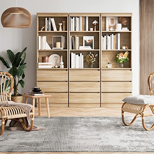 FirFurd 180cm Estantería con 3 Cajones, Estantería Almacenaje Madera, Librería Estantería, Mueble Organizar Documentos, Archivadores, Carpetas, Libros, para Oficina, Salón, Roble, 60x35x180cm