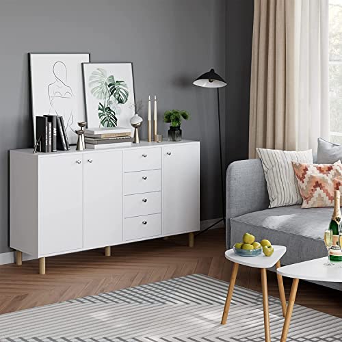 FirFurd Cómoda Dormitorio con 4 Cajones, Mueble Entrada Recibidor, Aparador Salón, Aparador Comedor, Mueble Almacenaje, 3 Puertas, Cocina, Madera, Moderno, Nórdico, Blanco, 140x40x80cm