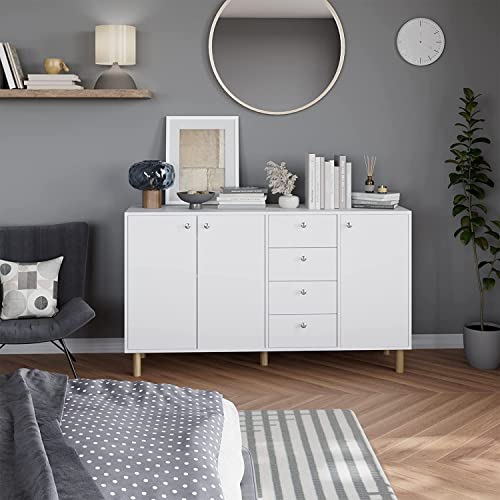 FirFurd Cómoda Dormitorio con 4 Cajones, Mueble Entrada Recibidor, Aparador Salón, Aparador Comedor, Mueble Almacenaje, 3 Puertas, Cocina, Madera, Moderno, Nórdico, Blanco, 140x40x80cm