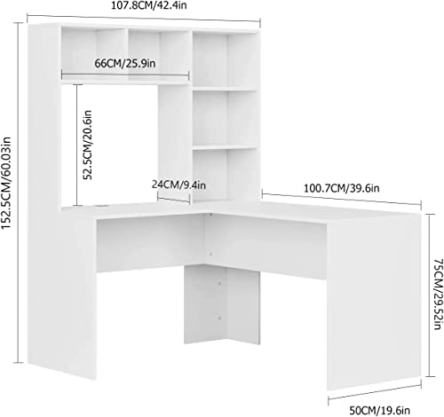 FirFurd Escritorio en L con Librería, Escritorio en L con Estantería, Escritorio Juvenil, Mesa Escritorio Grande, Escritorio Esquinero para Ordenador, Mesa Estudio, Moderno, Blanco