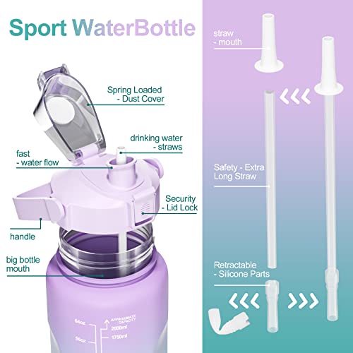 Firschoie Botella de Agua Deportiva 2 L, Marcador de Tiempo Inspirador, Botella de Agua con Pajita, Libre de BPA, a Prueba de Fugas de Garrafa 2l, Reutilizables, para Fitness, Senderismo(Violeta)