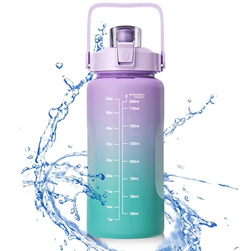 Firschoie Botella de Agua Deportiva 2 L, Marcador de Tiempo Inspirador, Botella de Agua con Pajita, Libre de BPA, a Prueba de Fugas de Garrafa 2l, Reutilizables, para Fitness, Senderismo(Violeta)