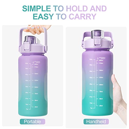 Firschoie Botella de Agua Deportiva 2 L, Marcador de Tiempo Inspirador, Botella de Agua con Pajita, Libre de BPA, a Prueba de Fugas de Garrafa 2l, Reutilizables, para Fitness, Senderismo(Violeta)