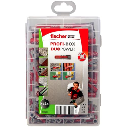 fischer - Caja tacos Duopower para pared, para pladur, hormigón y ladrillo, Color Rojo, 132 unidades