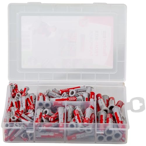 fischer - Caja tacos Duopower para pared, para pladur, hormigón y ladrillo, Color Rojo, 132 unidades