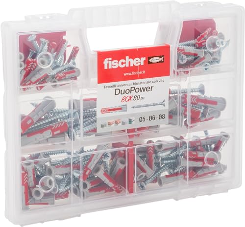 fischer - Kit Duopower Tacos pared con tornillo, Tacos pladur y hormigón, Caja Transparente, 160 uds