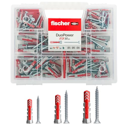 fischer - Kit Duopower Tacos pared con tornillo, Tacos pladur y hormigón, Caja Transparente, 160 uds