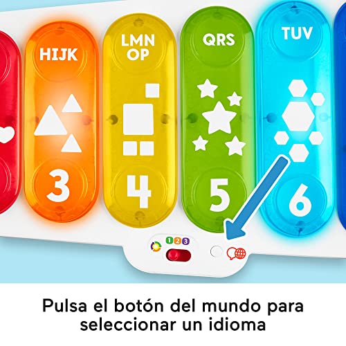 Fisher-Price Xilófono gigante, juguete musical con luces y sonidos para aprendes letras, números y formas, regalo para bebé +9 meses, versión español + portugués + italiano + inglés (HJK38)