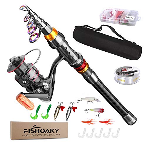 FISHOAKY Cañas de Pescar Spinning, Cana Pescar Telescópicas Carbono para Agua Salada y Agua Dulce | Niños y Adultos |Barco, Surf, Lago, Daiwa, Presa, Océano, Mar, Viajes Pesca al Aire Libre