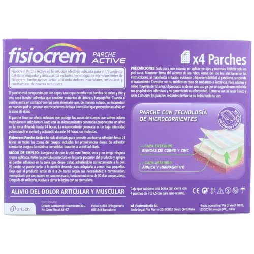 FISIOCREM Parche Active - 4 Parches - Tecnología de Microcorrientes - Alivio del Dolor Muscular, Articular y Contracturas - 24h de Alivio y Adhesión