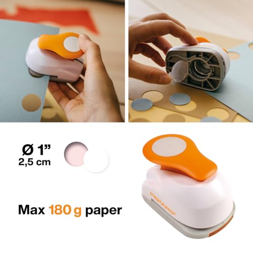 Fiskars Perforadora de figuras, Círculo, Ø 2,5 cm, Para diestros y zurdos, Acero de calidad/Plástico, Blanco/Naranja, Lever Punch, M, 1004748