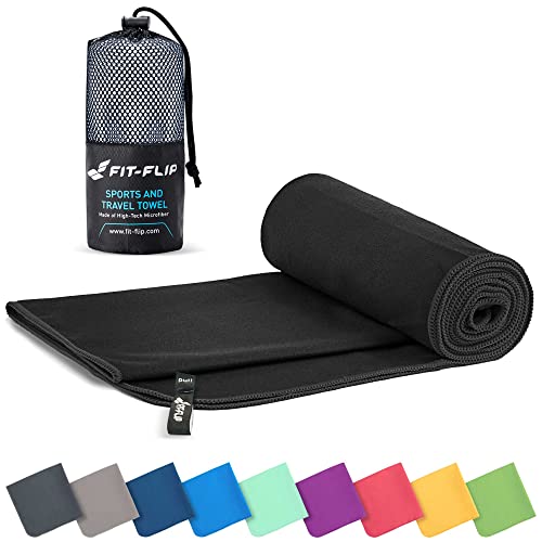 Fit-Flip Toalla Microfibra – en 11 Colores, 8 tamaños – Ultraligera y compacta – Toalla Secado rapido – Toalla Playa Microfibra y Toalla Deporte Gimnasio (30x50cm Negro - sin Bolsa)