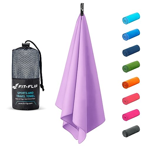 Fit-Flip Toalla Microfibra – en Todos los tamaños, 12 Colores – compacta, Ultraligera y de Secado rápido – Toallas de Microfibra – Toalla Gym, Toalla Viaje y Toalla Piscina (30x50cm Lila - sin Bolsa)