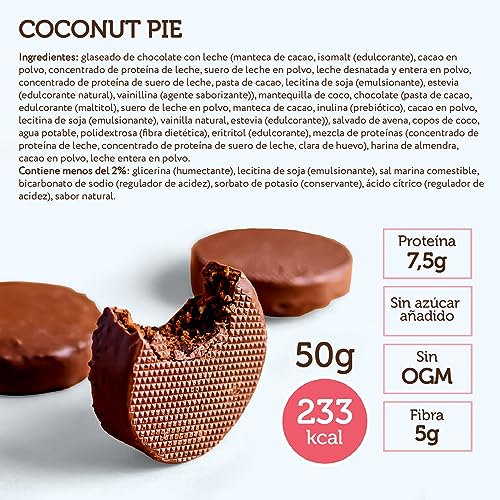 FitnesSHOCK Brownie de chocolate Galleta proteica Postre sin azúcares añadidos, con un 15% de proteínas, bajas calorías, fibra saciante, textura suave, 10x50g - Sabor a Coco