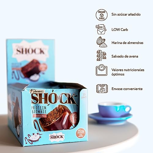 FitnesSHOCK Brownie de chocolate Galleta proteica Postre sin azúcares añadidos, con un 15% de proteínas, bajas calorías, fibra saciante, textura suave, 10x50g - Sabor a Coco