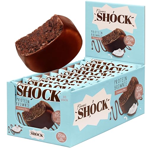 FitnesSHOCK Brownie de chocolate Galleta proteica Postre sin azúcares añadidos, con un 15% de proteínas, bajas calorías, fibra saciante, textura suave, 10x50g - Sabor a Coco