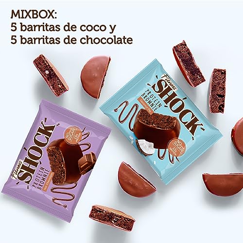 FitnesSHOCK Caja mixta Brownie de chocolate Galleta proteica Postre Mix Box sin azúcares añadidos, con un 15% de proteínas, bajas calorías, fibra saciante, textura suave, 10x50g - Chocolate y Coco