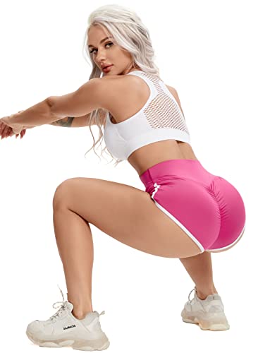 FITTOO Leggings cortos para mujer, pantalones cortos de cintura alta, pantalones cortos anticelulitis scrunch butt cortos para mujer, borde blanco, yoga, fitness, pantalones cortos, rojo rosado, S