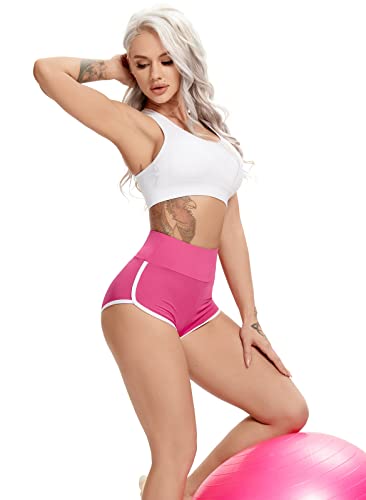 FITTOO Leggings cortos para mujer, pantalones cortos de cintura alta, pantalones cortos anticelulitis scrunch butt cortos para mujer, borde blanco, yoga, fitness, pantalones cortos, rojo rosado, S