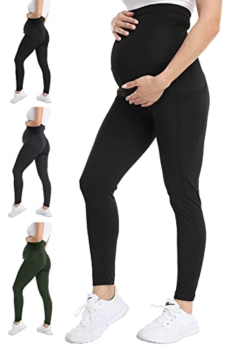 FITTOO Leggings de premamá de cintura alta para mujer, pantalones de yoga largos para embarazadas, con bolsillos, Negro , XL