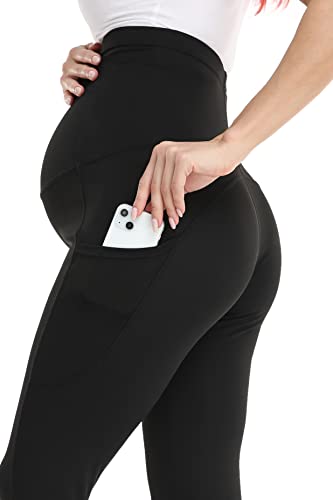 FITTOO Leggings de premamá de cintura alta para mujer, pantalones de yoga largos para embarazadas, con bolsillos, Negro , XL