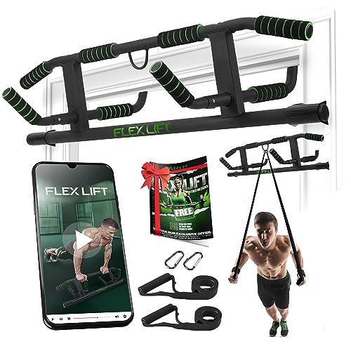 FLEX LIFT Barra de dominadas multiagarre para marco de puerta y barra de dominadas con asas acolchadas para gimnasio en casa, barra de dominadas ajustable y juego de correas de entrenamiento