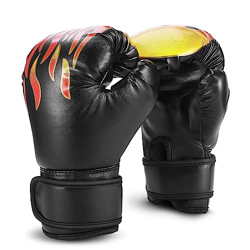 Flexzion Guantes de Boxeo para niño de 3 a 8 años, Guantes de Entrenamiento 4 onzas con Soporte Envolvente para UFC, Sparring, Kickboxing, Equipo de Ejercicio para niños, Negro con Llamas