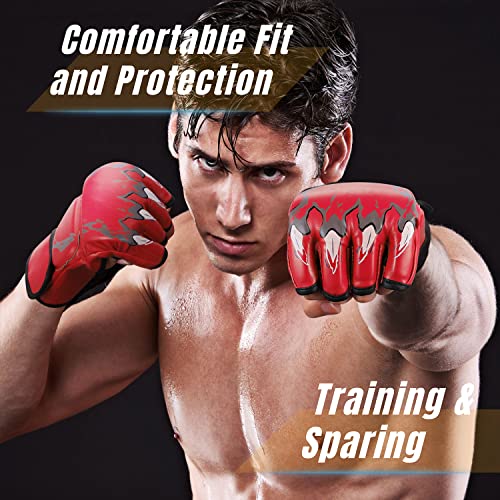 Flexzion Guantes MMA con Correa de Velcro, Guantes de Boxeo de PU y Esponja EVA para Hombre y Mujer, Guantillas de Entrenamiento para Karate, UFC, Muay Thai, Artes Marciales, Rojo