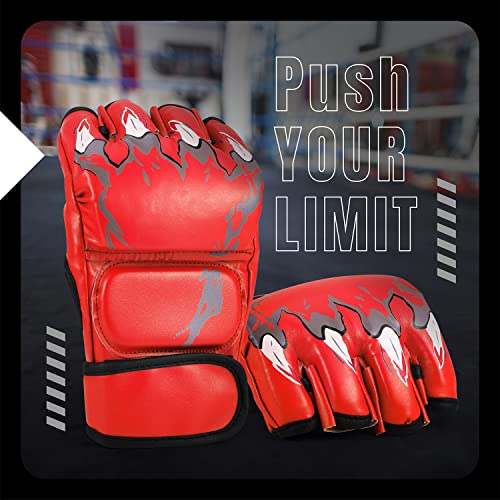 Flexzion Guantes MMA con Correa de Velcro, Guantes de Boxeo de PU y Esponja EVA para Hombre y Mujer, Guantillas de Entrenamiento para Karate, UFC, Muay Thai, Artes Marciales, Rojo