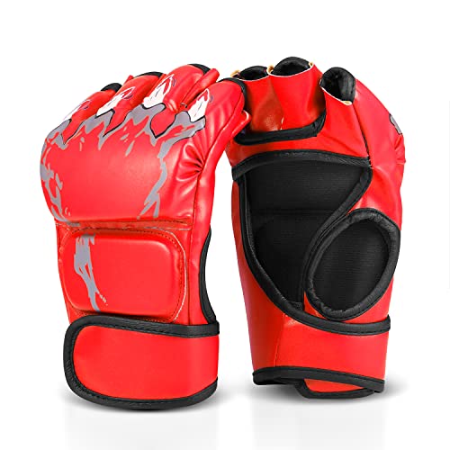 Flexzion Guantes MMA con Correa de Velcro, Guantes de Boxeo de PU y Esponja EVA para Hombre y Mujer, Guantillas de Entrenamiento para Karate, UFC, Muay Thai, Artes Marciales, Rojo