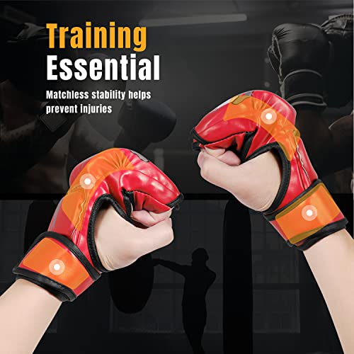 Flexzion Guantes MMA con Correa de Velcro, Guantes de Boxeo de PU y Esponja EVA para Hombre y Mujer, Guantillas de Entrenamiento para Karate, UFC, Muay Thai, Artes Marciales, Rojo