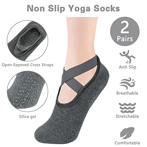 flintronic 2 Par Calcetines Pilates Yoga, Pilates Calcetines Antideslizantes Mujer pour Yoga, Fitness Antideslizantes Calcetines, con Asas y Correas, para Pilates, Danza, Fitness-Negro + Gris