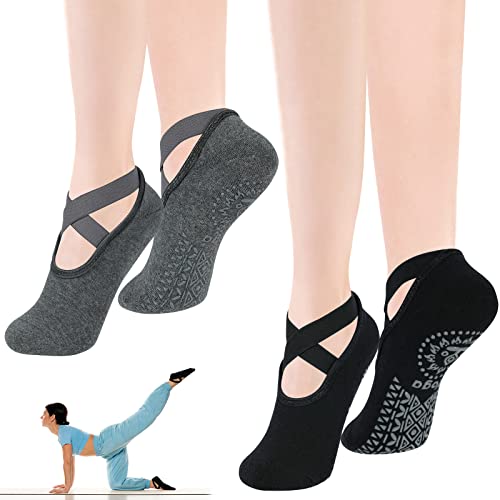 flintronic 2 Par Calcetines Pilates Yoga, Pilates Calcetines Antideslizantes Mujer pour Yoga, Fitness Antideslizantes Calcetines, con Asas y Correas, para Pilates, Danza, Fitness-Negro + Gris