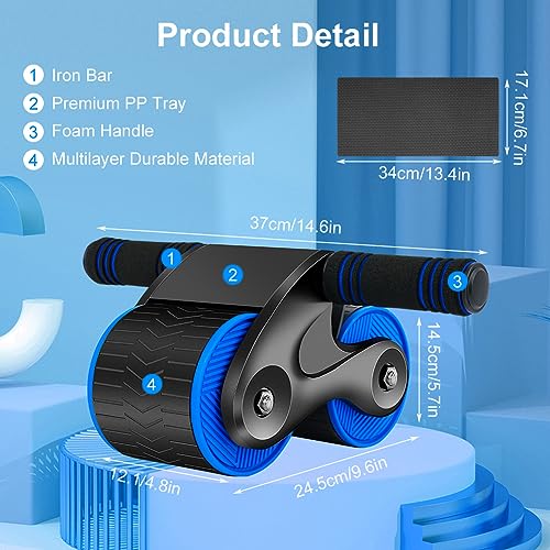 Flintronic Ab Roller Wheel - 2023 New Rueda abdominal de rebote automático con Ruedas Dobles, Hombres y Mujeres Fitness Core Trainer para Casa con Temporizador Y Alfombrilla De Rodillas (Azul Negro)