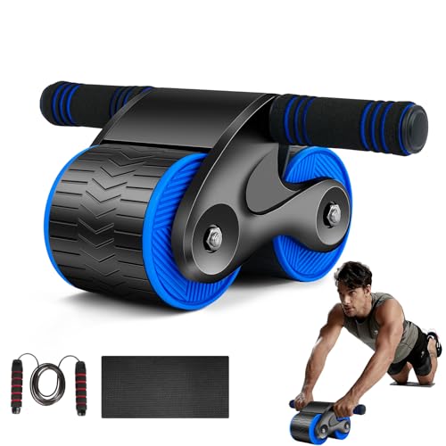 Flintronic Ab Roller Wheel - 2023 New Rueda abdominal de rebote automático con Ruedas Dobles, Hombres y Mujeres Fitness Core Trainer para Casa con Temporizador Y Alfombrilla De Rodillas (Azul Negro)