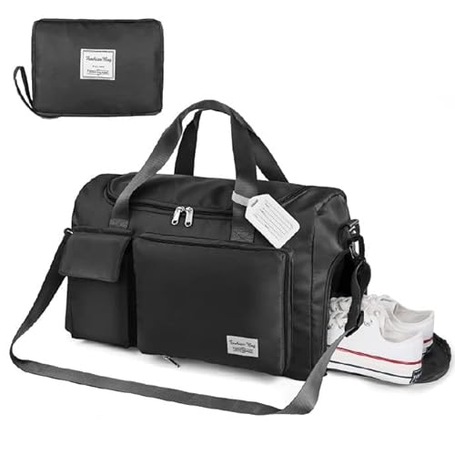 Flintronic Bolsa de Viaje, Bolsa de Viaje Ligera e Impermeable, Bolsa Grande de Fin de Semana, Bolsas de Hombro para Compras Deportivas en el Gimnasio (con 1 Etiqueta de Equipaje)-Negro